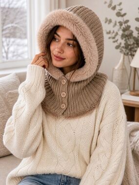 🤎 Cozy Faux Fur Knit Hood Hat‎ Pom Pom Warm Neutral Aesthetic Chic Style